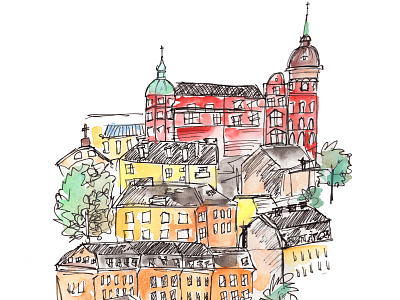 European Hillside buildings cityscape europe sketch skyline urban sketch watercolor watercolor illustration