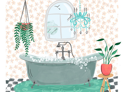 Bubble Bath bath bathroom bubble bath chandelier gouache plants procreate wallpaper