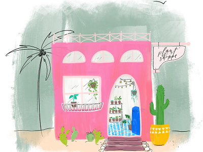 Desert Plant Shop cacti cactus gouache line drawing plant shop plants rooftop shoppe storefront succuents