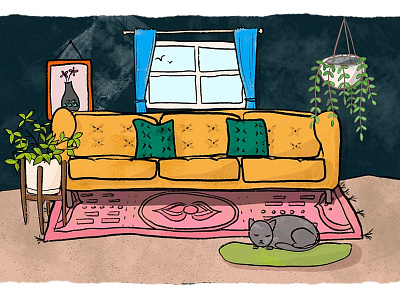A Cat's Bohemian Slumber bohemian boho cat cat drawing contour drawing couch home decor indoor plants line drawing living room plants