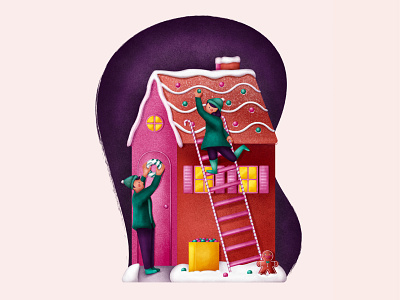 Decorating Our Tiny Gingerbread House boy character character design christmas couple decorate gingerbread house gingerbread man girl grain illustration man organic people snow texture winter woman