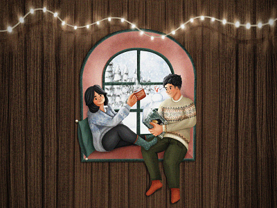 Cozy Holidays boy cabin characters chill christmas christmas lights coffee coupel cozy girl holidays illustration love man reading snow sweaters window winter woman