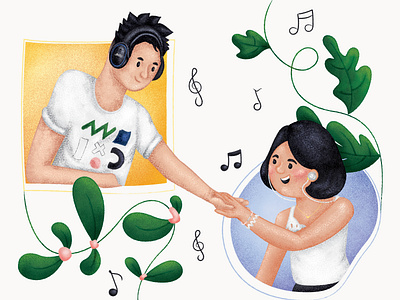 Connected to... boy boyfriend character character design couple flowers fun girl girlfriend grain graphic design happy illustration illustrator leaves man music texture woman
