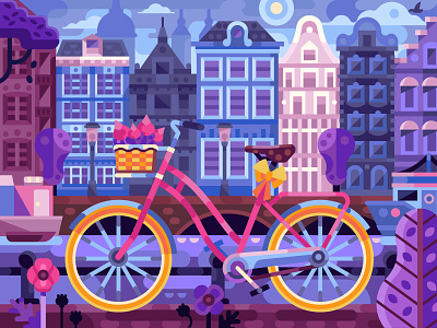 Spring Bike in Amsterdam amsterdam bicycle bike cityscape coloring book coloringbook europe flat design game design gaming houses illustration scene spring springtime street vector