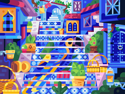 Blue Parrot and Morocco Vibes bird blue colorful coloring book colors flat design game design gaming illustration marrakesh mobile game moroccan morocco parrot puzzle staircase vector