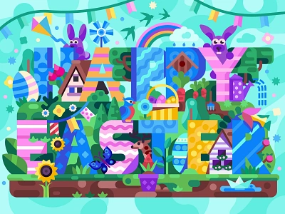 Happy Easter Scene card coloring book coloring page easter easter bunny easter flyer egg hunt flat design flat desing game design gaming happy easter illustration lettering mobile game scene spring springtime