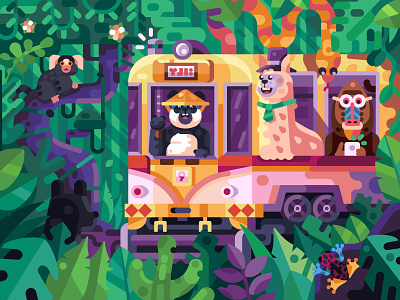 Crazy Jungle Tram with Cheerful Friends alpaca animals asian bamboo children book chinese coloring book crazy flat design forest game design illustration jungle panda puzzles tourist tram tramway tropic