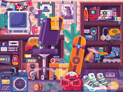 90s Nostalgic Room 2d art 90s culture devices flat design game design gaming geek illustration nineties nostalgic nostalgy pop culture puzzle room stuff things toys vector illustration vibe