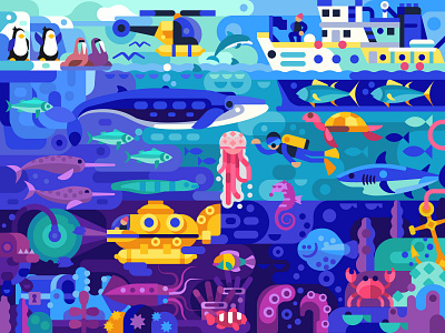 Colourful Underwater World adventures aquatic coloring book coloring page flat design game design gaming illustration life puzzles sea stive zissou travel underwater vector world