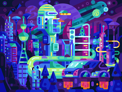 Futuristic Neon Megapolis bladerunner coloring book coloring page flat design futuristic game design gaming illustration mobile games puzzles sci-fi science fiction scifi space vector