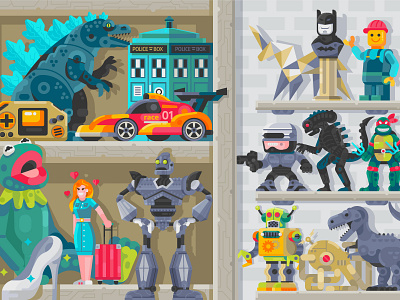 Collection Toys. Vol.1 90s batman flat design gamer geek geek art geeky godzilla illustration interior nineties pop culture retro robots room shelf stuff superheroes toy shop toys