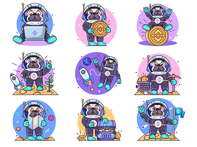 Astro Pug Mascot animal astro astronaut bitcoin blockchain character crypto cryptocurrency dog funny gamification line art mascot pug space