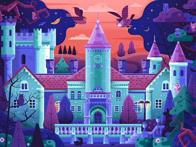 Owl Castle travel landmark serbia fantast victorian illustration flat design textured vector scene forest landscape gothic mansion manor palace fairytale fantasy owl castle