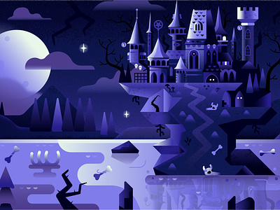 Lake Witch Castle castle evil fairytale flat design game design gaming gothic gradients halloween horror illustration lake manor mansion moon night palace witch