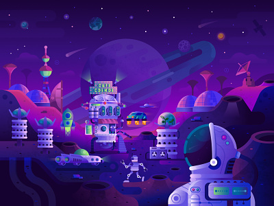 Intergalactic Cafe astronaut cafe chill city colonisation concept cosmos flat design galactic game design hangout illustration intergalactic mars mission party planet pub space universe