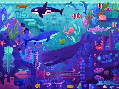 Undersea World aquatic blue bottom coral creatures fish flat design game design gradients illustration life puzzle puzzleart reef sea texturing undersea underwater world