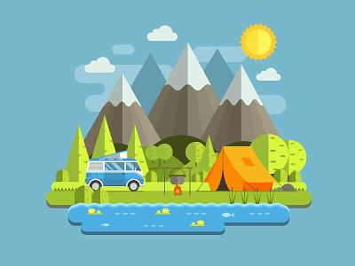 Camping Travel Landscape adventure background camp camping debute dribbble first shot flat invite landscape mountain travel