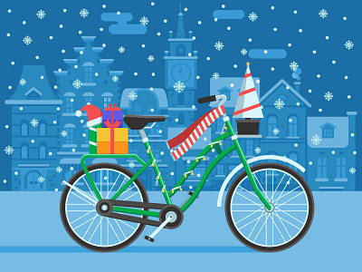 Christmas Bike Winter Background bicycle bike christmas city europe flat design holidays new year snow winter