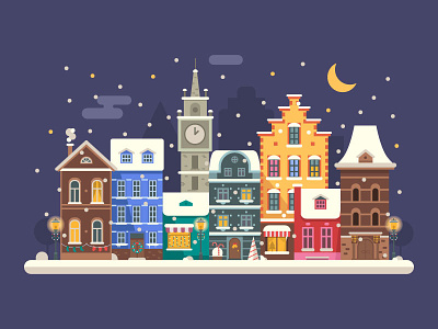 Christmas Night City. Vol.2 banner christmas city europe flat design house landscape street winter