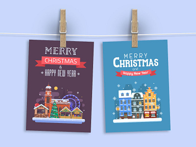 Christmas Cards with Europe town card christmas greetings new year postcard winter wishing xmas
