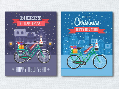 New Year and Christmas Bike Postcards bicycle bike card christmas city europe flat design new year postcard winter