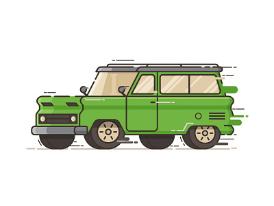 Green&Fast auto car flat design jeep line art motion riding speed suv thin line van
