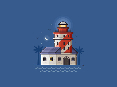 Red Lighthouse by Night background beacon flat design lighthouse line art sea seaside travel