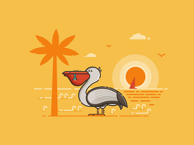 Happy Summer Pelican beach bird flat design pelican scene sea seaside summer sunset