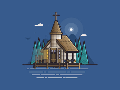 Wooden Nordic Church on the Lake chapel church flat design kirka lake line nordic pier scandinavian wooden