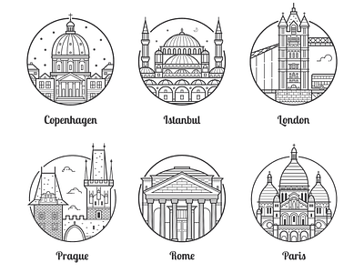 Europe Cities Emblems city destinations emblem europe european icons line linear monuments top travel
