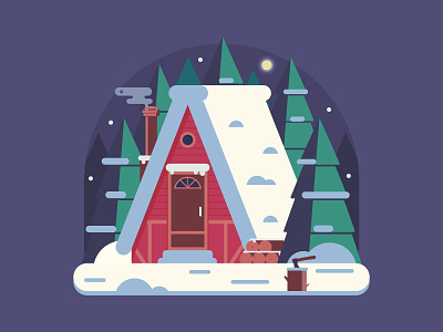 Forest Winter House by Moon Night chalet farmhouse flat design forest home house lumberjack rural scene snow vector winter