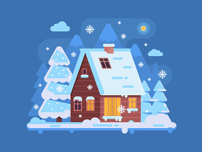 Wooden Cabin in Winter Mountains cabin chalet flat design forest home house log scene snow vector winter