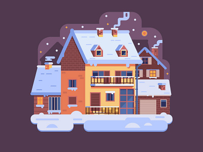 Winter Village by Silent Night cabin cottage flat design house night scene snow vector village winter