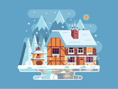 Frost Winter Day on Mountain Lake alp chalet cottage flat design home house lake mountain timbered winter