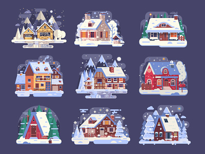 Cozy Winter Houses and Homes chalet cozy flat design home house night snow winter