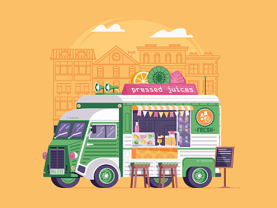 Summer Food Truck with Juices car flat design food fruit juice parlor summer truck van vegan