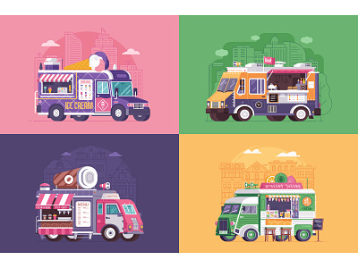Street Food Trucks and Vans car caravan flat design food parlor street summer truck van