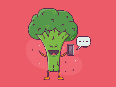 Happy Broccoli with Smartphone broccoli character eating flat design healthy smartphone vegan vegetable vegetarian