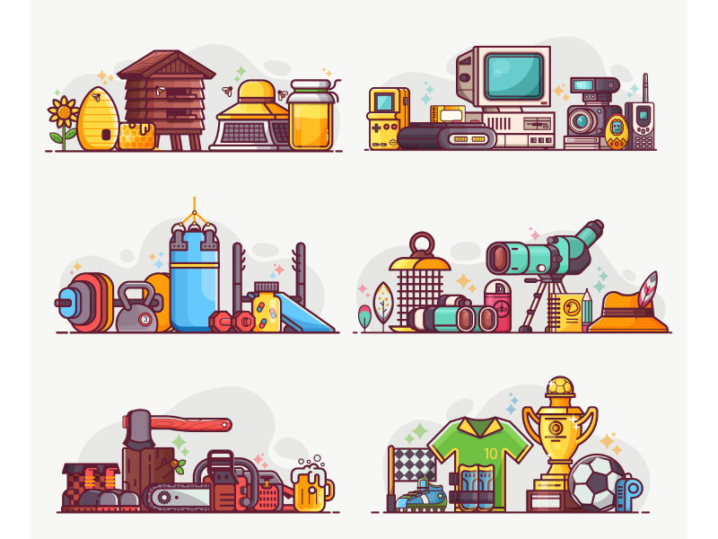 Professions, Lifestyles and Hobbies line art retro flat design icons football apiary birding hobbies lifestyles professions