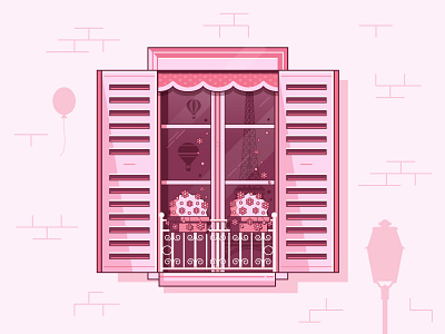 Window to Paris europe flat design illustratin line art paris pink romantic shuttered vintage window