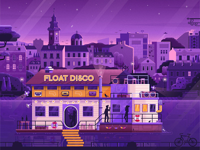 Floating Disco Barge in Belgrade barge belgrade boat club disco flat design floating illustration nightclub nightlife textured