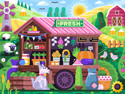 Farm Market Scene cart coloring book dog eco farm flat design game game design kiosk market mobilegame rural stall vegetable