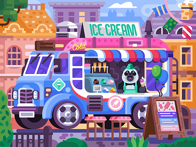 Happy Panda Ice Cream Truck bear car coloring book flat design game design ice cream icecream iceman illustration mobile game panda panda bear summer truck van