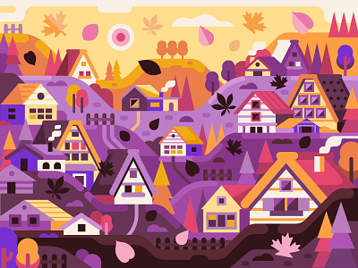 Hello Autumn! autumn coloring book concept flat flat design game design gaming houses illustration landscape mood rural scene village