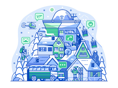 Ski Resort Community Network app app design application community flat design illustration landscape line art mobile mountain network resort shuttle ski resort skiing social village winter