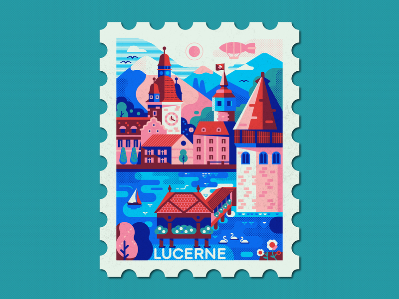 Lucerne and Alps Swiss Travel Stamp alps cozy design destination dribbbleweeklywarmup flat illustraion lake landscape lucerne old town poster stamp stamp design switzerland town travel vintage