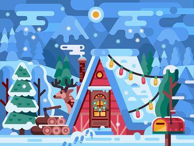 Cozy Winter House alps cabin chalet christmas coloring book coloring page deer forest game design gaming home house lodge rural scene snowy vector winter woods xmas