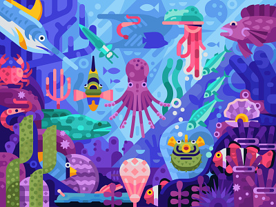 Colorful Life of Coral Reef animals aquatic bottom coloring page concept coral coral reef creatures deep fish flat design game design gaming illustration mobile gaming ocean scene sea underwater world
