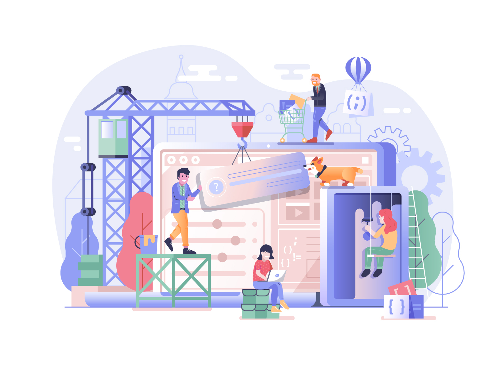 Web Site Developing Process building construction crane developers developing development flat design people programming team uiillustration vector web website