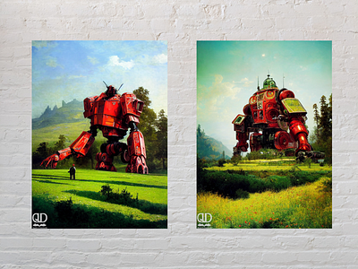 A relaxing walk decor poster design illustration mecha poster robot scifi